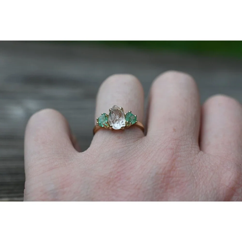 Engagement ring Raw emerald , raw Lake County diamond ring  size 4 5 6  7 8 9 10